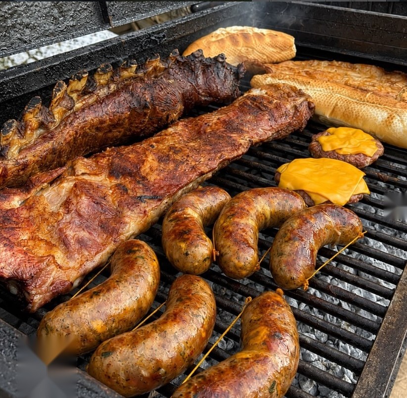 Parrilla con costillas, chorizos y productos de cerdo frescos — Granja Porcina Río Grande